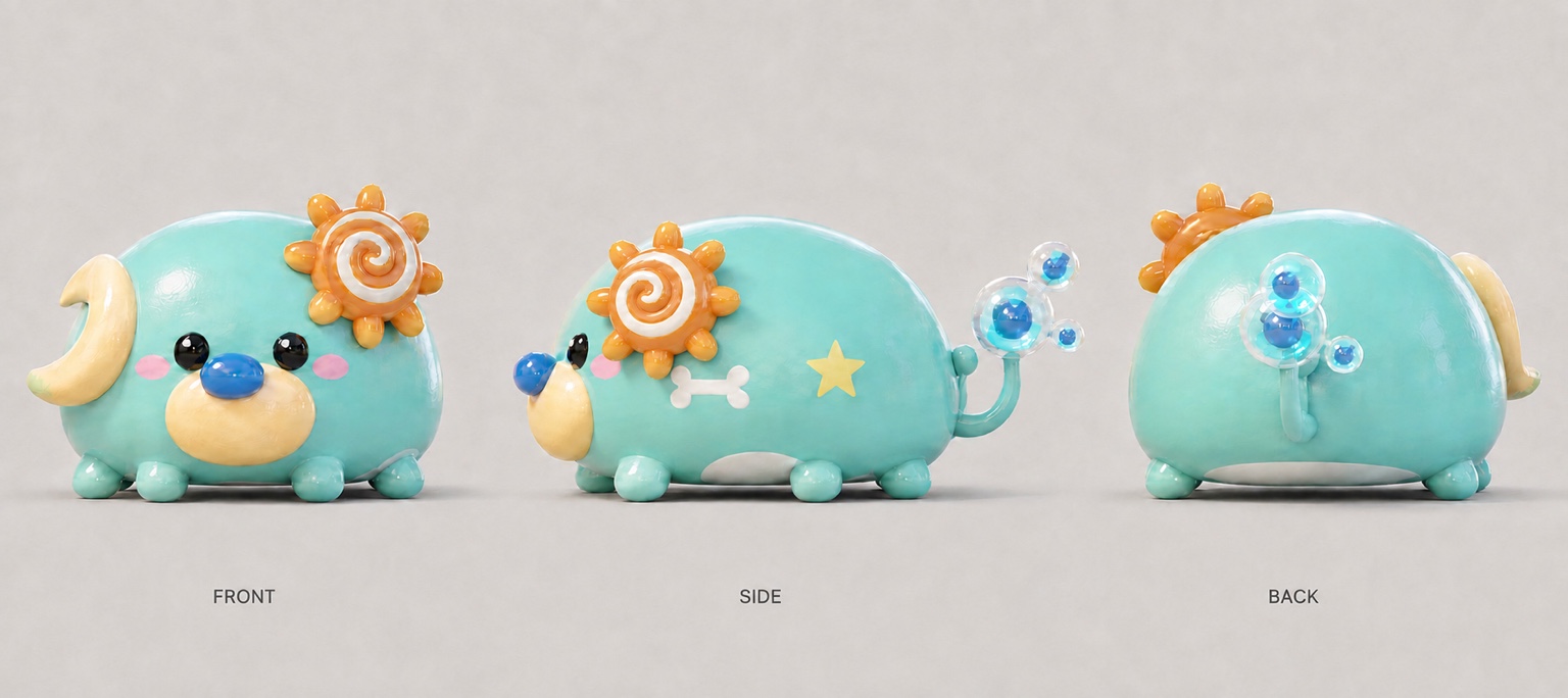 月と太陽をあしらった水色の犬のキャラクターの正面・横・後ろのビジュアル
