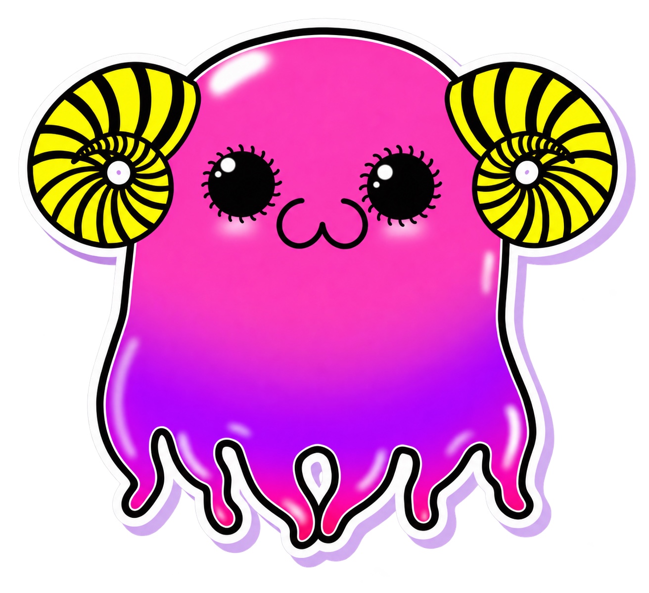 ピンクと紫の体に黄色い角を持つ、蝦夷ラビリスのキャラクター
